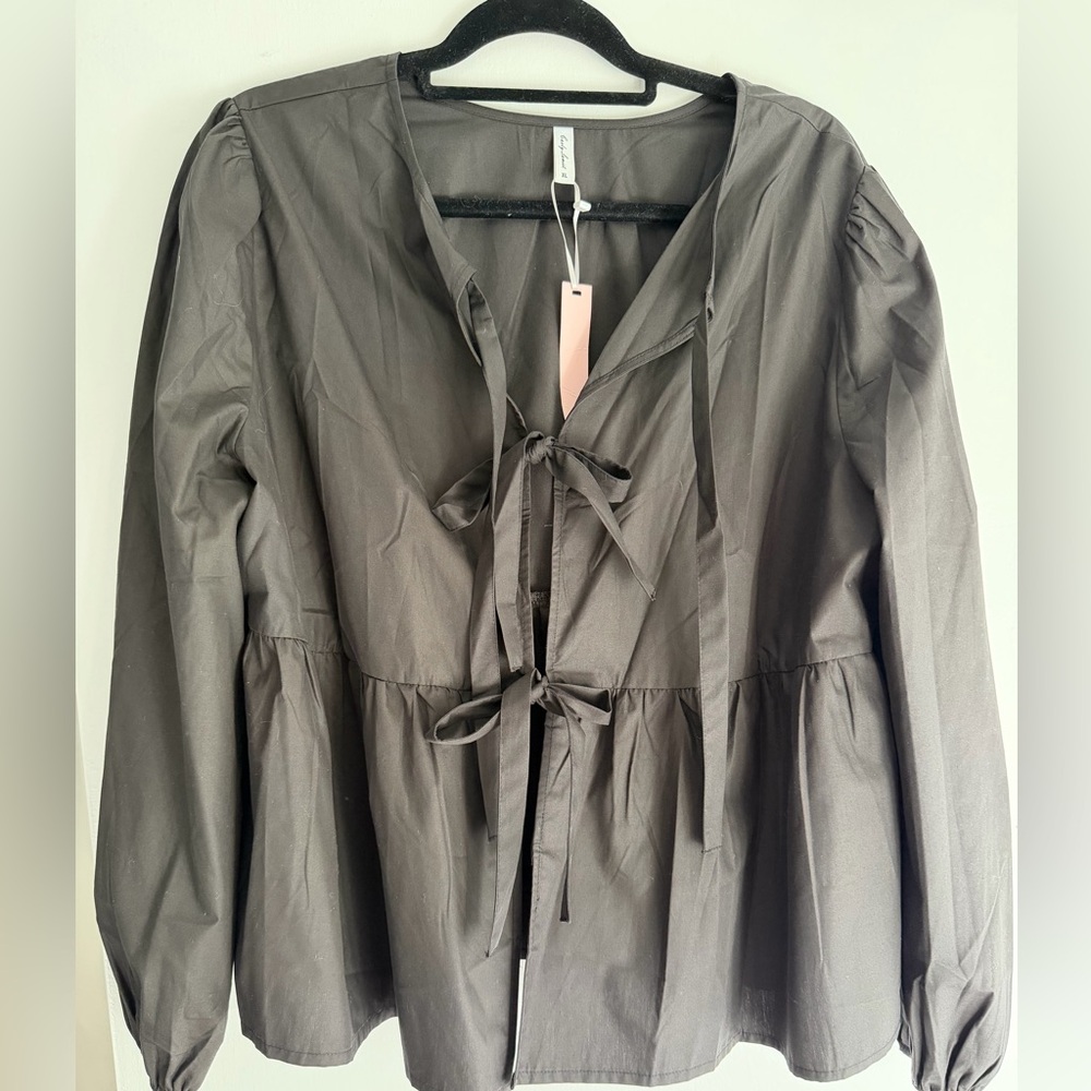Black Long Sleeve Blouse with Front Bow Ties